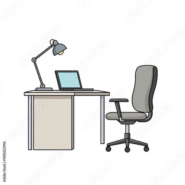 Fototapeta Workstation Essentials: A minimalist illustration of a functional workspace, featuring a desk, laptop, lamp, and ergonomic office chair.