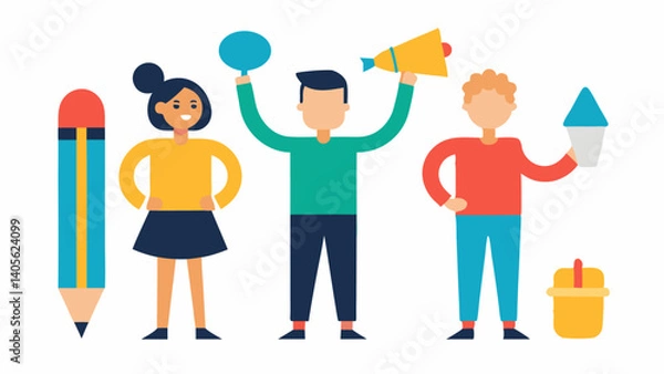 Fototapeta Everyday life scene with casual characters holding items in a modern vector style perfect for social media user personas and lifestyle branding