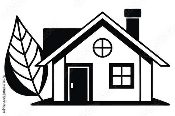 Obraz Stylized Monochrome Illustration of a House with Leaf Showing Eco Friendly Design