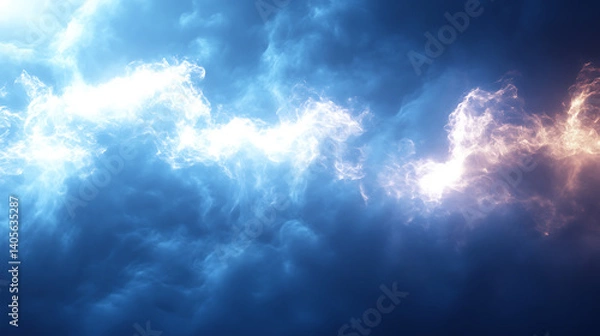 Fototapeta A breathtaking celestial canvas unfolds, capturing the awe-inspiring spectacle of dynamic light and shadow play. The dark, billowing clouds contrast dramatically with the vibrant illumination.