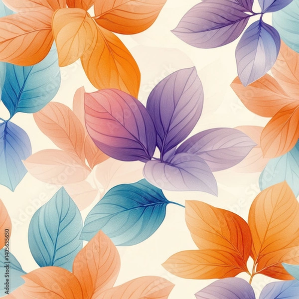 Fototapeta vibrant pattern featuring colorful leaves in shades of orange, purple, blue, and soft pastels, creating lively and cheerful atmosphere. Perfect for various design projects