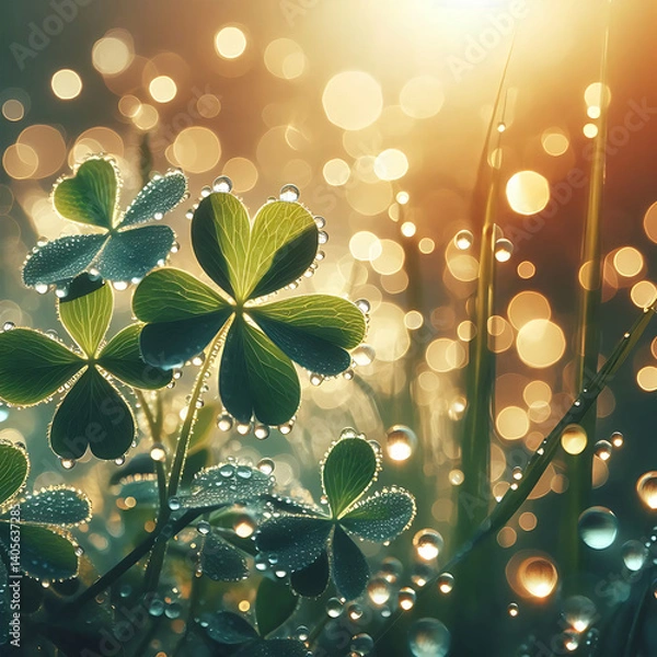 Fototapeta Dew-kissed clover in sunlit green meadow with soft bokeh background.