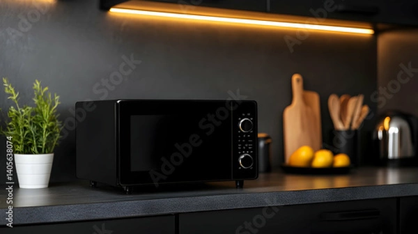 Fototapeta Modern kitchen with an advanced microwave oven highlighting innovative design and functionality at early evening