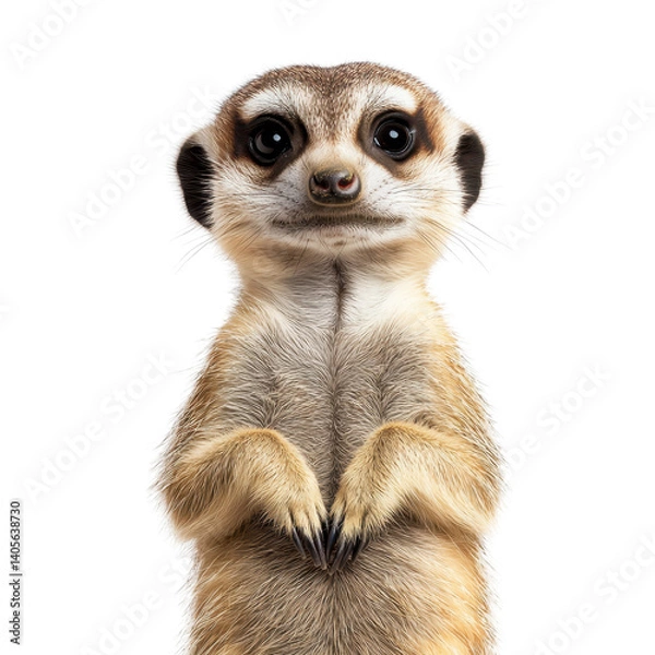 Fototapeta Curious meerkat standing upright with a playful expression against a soft white background in a studio setting