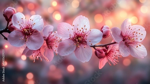 Fototapeta Close-up of delicate cherry blossom flowers with soft pink and white petals, blurred background with bokeh lights, pastel tones, soft natural lighting, ultra-realistic details.