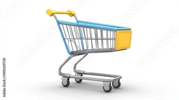 Obraz Empty blue and yellow shopping cart on white background.
