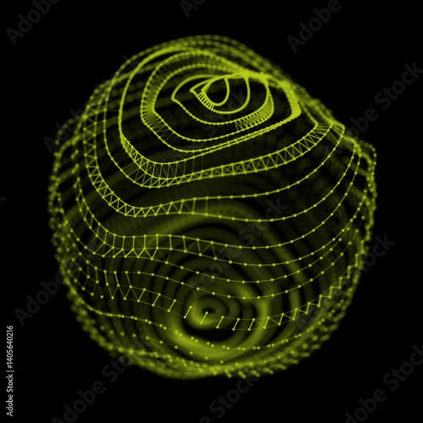Obraz Abstract distorted green sphere in the shape of ball. Mesh damaged wavy structure with flying particles. Modern futuristic backdrop. 3d rendering.