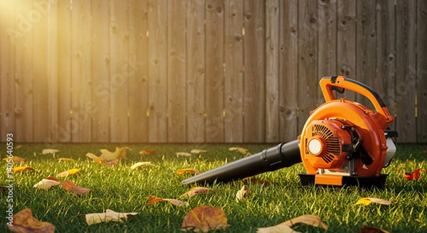 Fototapeta Leaf blower positioned on the grass next to fallen leaves, sunny backyard setting, copy space