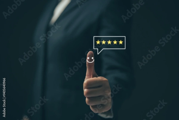 Obraz Concept of customer satisfaction. Businessman evaluating service quality online. Impression rating. Excellent service.Evaluating impressions and giving recommendations.