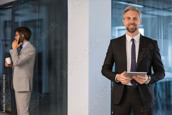 Obraz Smiling handsome businessman manager in suit standing in office with tablet computer. Colleague on the background