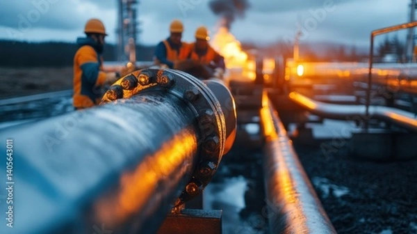 Fototapeta A team of engineers wearing safety gear inspecting a high-pressure gas pipeline in a refinery, with copy space