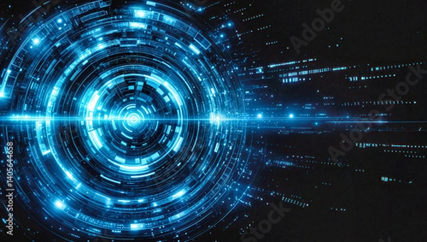 Fototapeta Blue glowing digital circular interface with concentric technology rings and data streams against dark background. Futuristic cyber network visualization with matrix patterns, binary connections