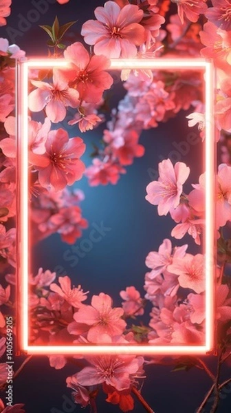 Fototapeta This blank sign boasts a sleek modern design, glowing neon edges, and a touch of pastel floral contrast