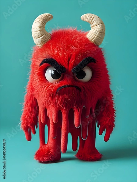 Fototapeta Angry Red Fuzzy Monster with Dripping Texture and Curved Horns on Turquoise Background