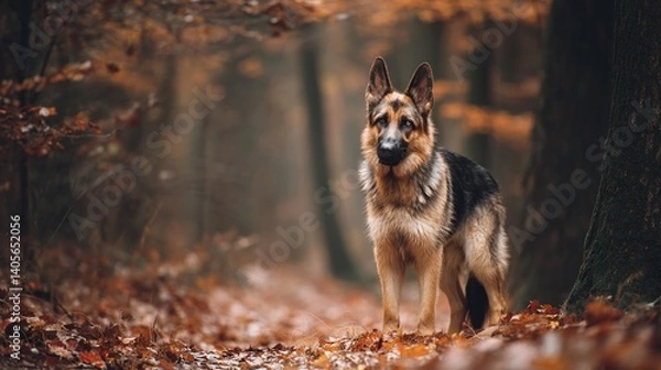 Obraz A Dog  Standing In The Woods With Leaves