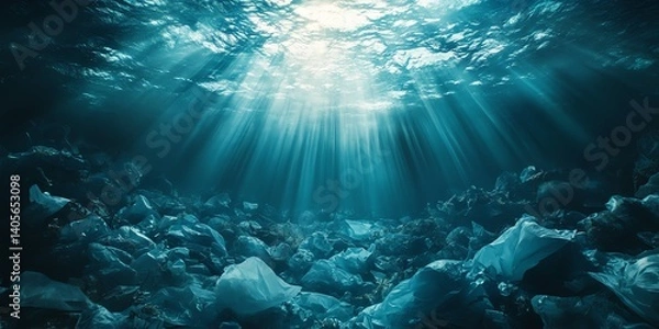 Fototapeta Sunbeams illuminate plastic waste polluting the ocean floor creating a somber underwater scene. Use this image to raise awareness about marine pollution.