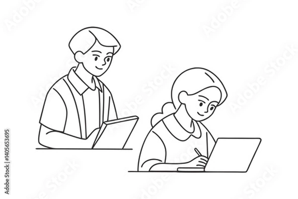 Fototapeta Minimalist Line Art Illustration Of Students Studying With Laptop And Tablet