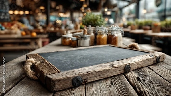 Fototapeta Rustic wooden table with a blank chalkboard menu board.