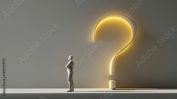 Fototapeta Abstract 3D render of a person facing a glowing question mark, symbolizing uncertainty, decision-making, or problem-solving in business or life
