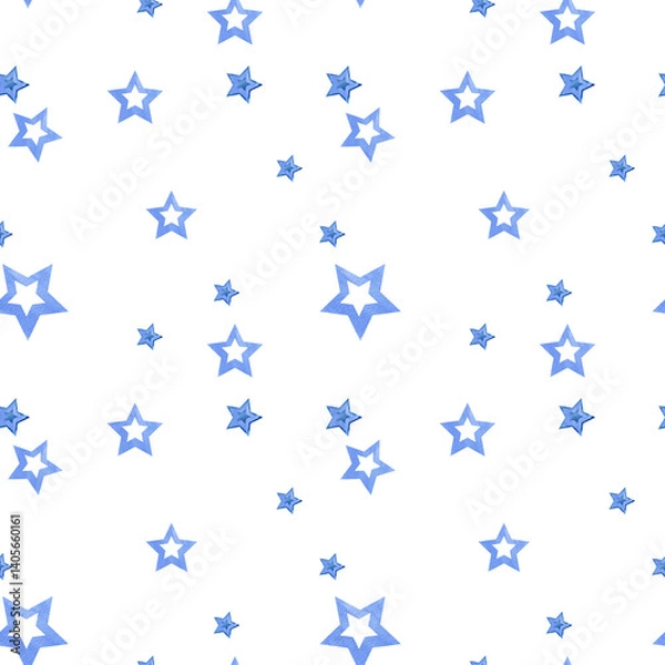 Fototapeta watercolor blue different stars, seamless pattern, various gradient textured decorative element stars shape, hand drawn illustration for party, birthday, event, textile, fabric decoration