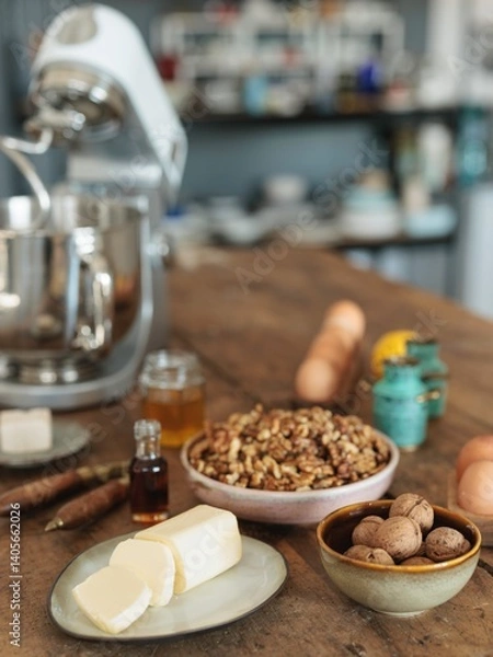 Fototapeta Ingredients for homemade butter are artfully arranged on a rustic wooden table, ready for a baking adventure in a charming kitchen filled with delightful aromas and inspiration