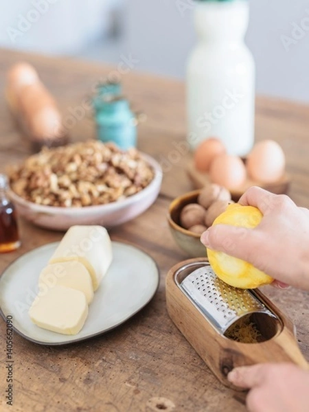 Fototapeta Fresh butter is being prepared with a zesty lemon twist, surrounded by wholesome ingredients. A warm kitchen atmosphere enhances the baking spirit, inviting creativity