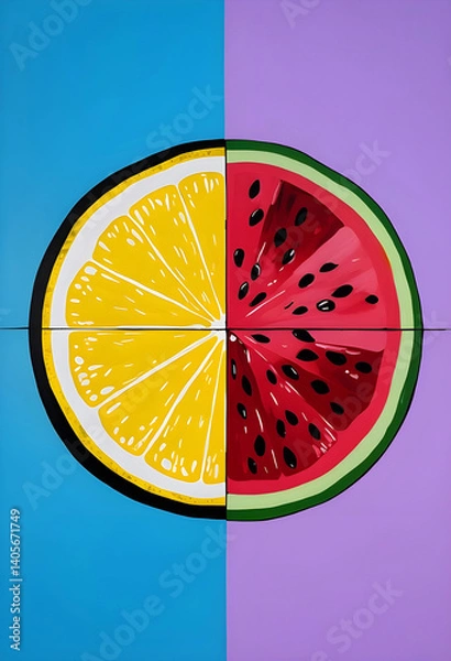 Fototapeta Pop Art Fusion Fruit – Lemon and Watermelon Symmetry on Color Split Background