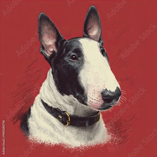 Fototapeta Portrait of a Bull Terrier, showcasing its distinctive head shape, alert expression, and sleek coat. Perfect for themes related to dog breeds, pets, loyalty, and animal companionship.