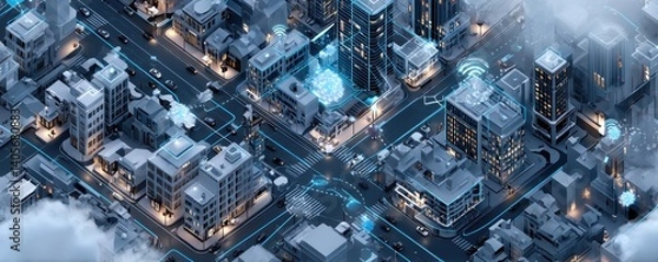 Fototapeta Futuristic urban smart city with ai technology and connected infrastructure