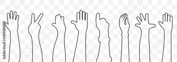 Fototapeta hand rise vote icon sign vector. Handdrawn silhouette of cupped hands isolated on white background. Highlighted outline of raised hands. Modern illustration. EPS 10.