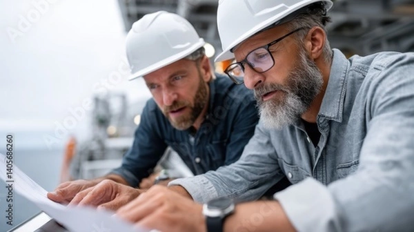Fototapeta Caucasian male engineers examining blueprints at construction site