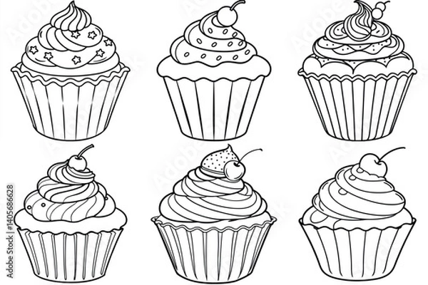 Fototapeta Cup cake outline vector illustration isolated on white background.