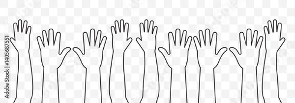 Fototapeta series of silhouetted hands raised high in unison icon vector illustration. hands silhouettes, Raised hands vector silhouettes, Set of hand silhouette icon logo template vector. EPS 10.