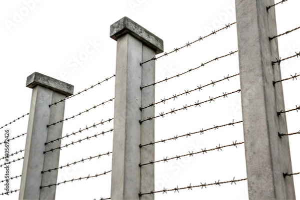 Fototapeta Industrial Security Fencing Featuring Multiple Strands of Barbed Wire and Concrete Supports.