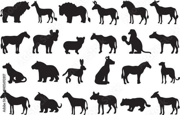Fototapeta Animal Silhouette Vector Set of Popular Wildlife and Pets, Black Flat Animal Icons – Clean Minimalist Style, Perfect for Logos, Posters, Stickers, and Educational Use vector clipart.