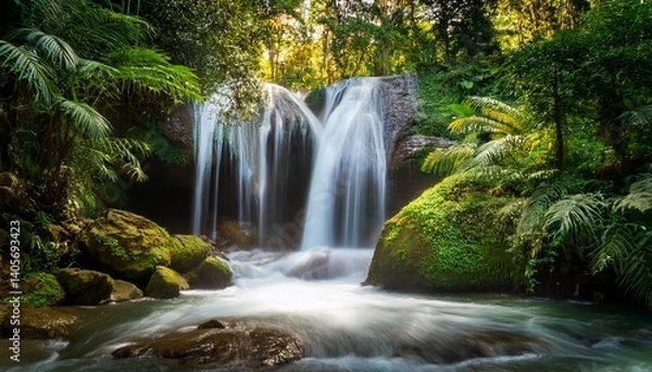 Fototapeta A cascading waterfall in the tropics