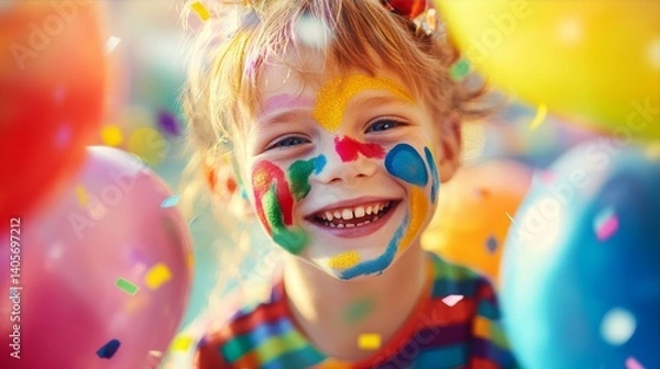 Obraz A joyful child with colorful face paint and rainbow balloons, celebrating the happiness of International Children's Day