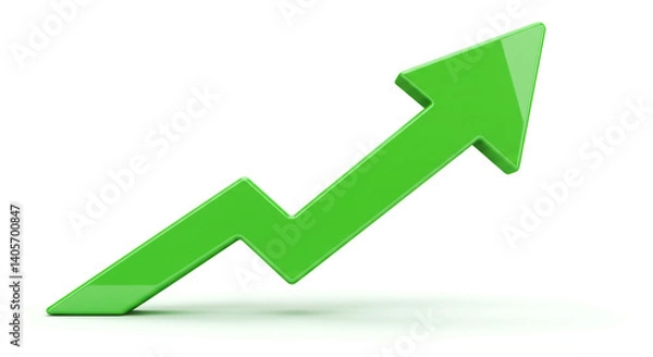 Fototapeta A vibrant green arrow soaring upward, symbolizing growth, success, and a bright future against a clean white backdrop.