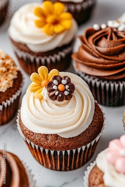 Fototapeta Decorative cupcakes with floral toppings on display