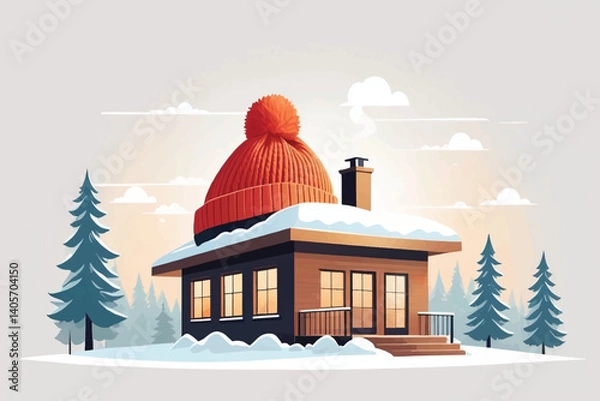 Fototapeta Proper insulation during the cold winter heating season. Cozy house with knitted cap placed on the roof. Energy efficiency and warmth. Save electricity with effective home insulation. vector illustrat