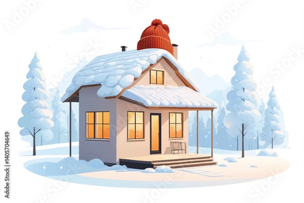 Fototapeta Proper insulation during the cold winter heating season. Cozy house with knitted cap placed on the roof. Energy efficiency and warmth. Save electricity with effective home insulation. vector illustrat