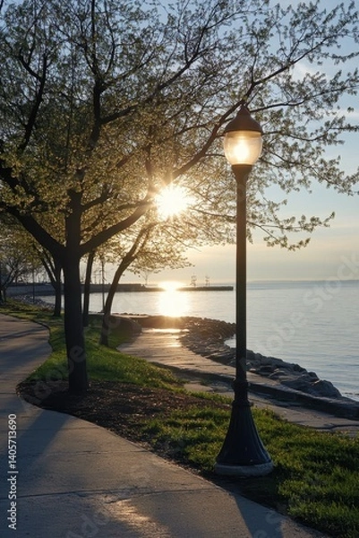 Fototapeta Sunlit Walkway beside Lush Swale: A Harmonious Blend of Greenery, Water, and Light