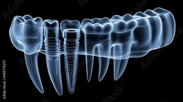 Fototapeta Side profile 3D depiction of a dental implant being installed or repaired, offering a detailed view of the procedure