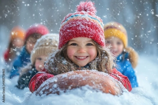 Fototapeta Children enjoying a winter day with sledding in a snowy forest setting surrounded by trees