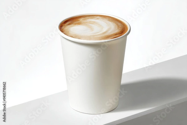 Fototapeta Steaming hot beverage in a white paper cup with latte art on a clean white background