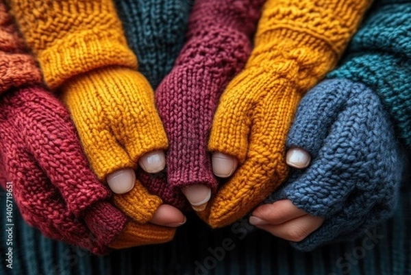 Fototapeta Clustered hands in colorful knit mittens and sleeves, tightly intertwined for warmth