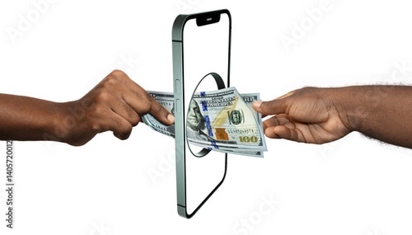 Obraz Black african hand giving transferring US dollar notes to another hand through smart mobile phone. Online banking transfer exchange payment. Mobile money business transaction concept through app