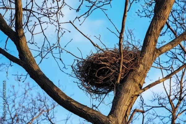 Fototapeta Majestic Squirrel Nest High Among Tree Branches in a Winter Forest Under a Clear Blue Sky