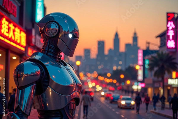 Obraz Bright neon lights dance across a retro-futuristic cityscape at dusk, with a vintage humanoid robot statue at the center of the frame.