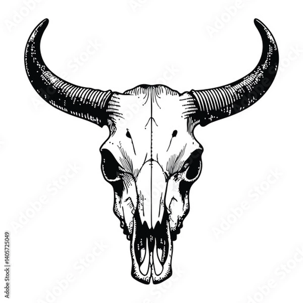 Fototapeta Black and white steer skull illustration with long curved horns – detailed line art vector with fine texture and shading, isolated on plain background for western, tattoo, or rustic design use